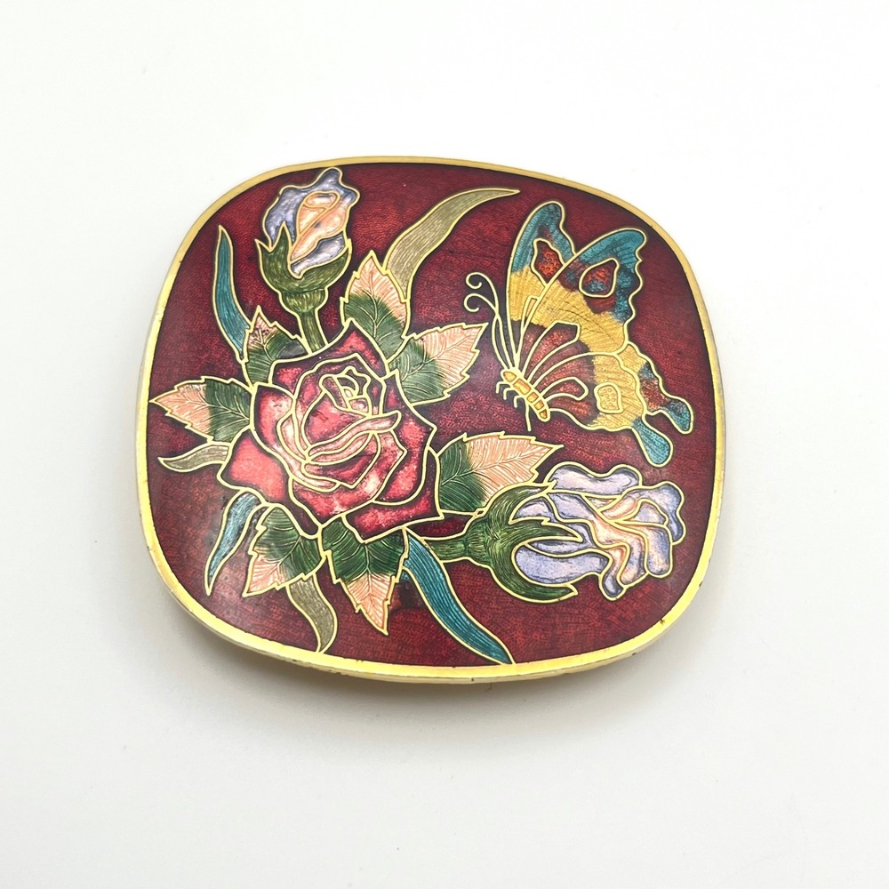 Vintage Red Cloisonne Enamel Floral Butterfly Scarf Clip Gold Tone Square Rose - Picture 2 of 7
